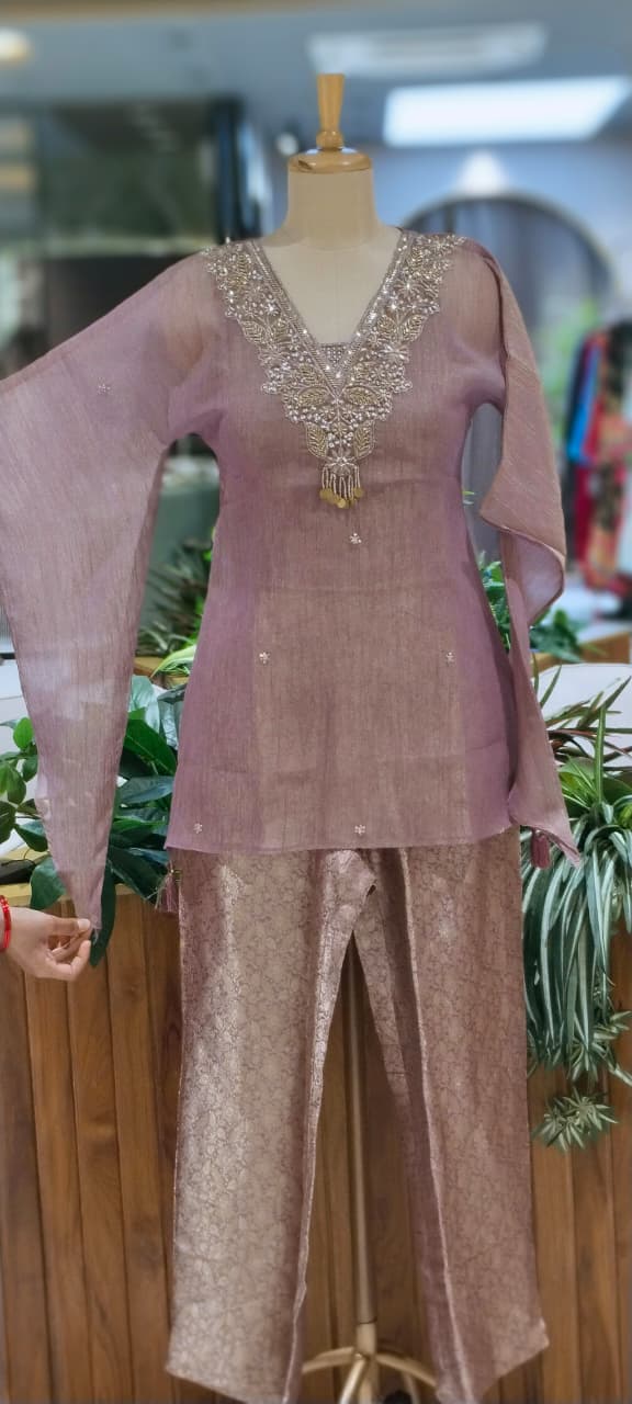 Intricate Beads With Cut-Dana Embroidered Neckline Crush Tissue Kaftan Style Sleeve Co-Ord Set With Brocade Bottom- 15967