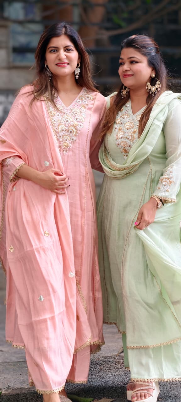 Elegant Intricate Embroidery Golden Lace Touch Mul-Chanderi A-Line Full Suit Set With Dupatta- 15791