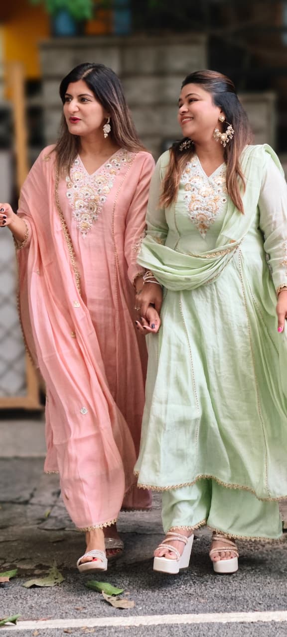 Elegant Intricate Embroidery Golden Lace Touch Mul-Chanderi A-Line Full Suit Set With Dupatta- 15791