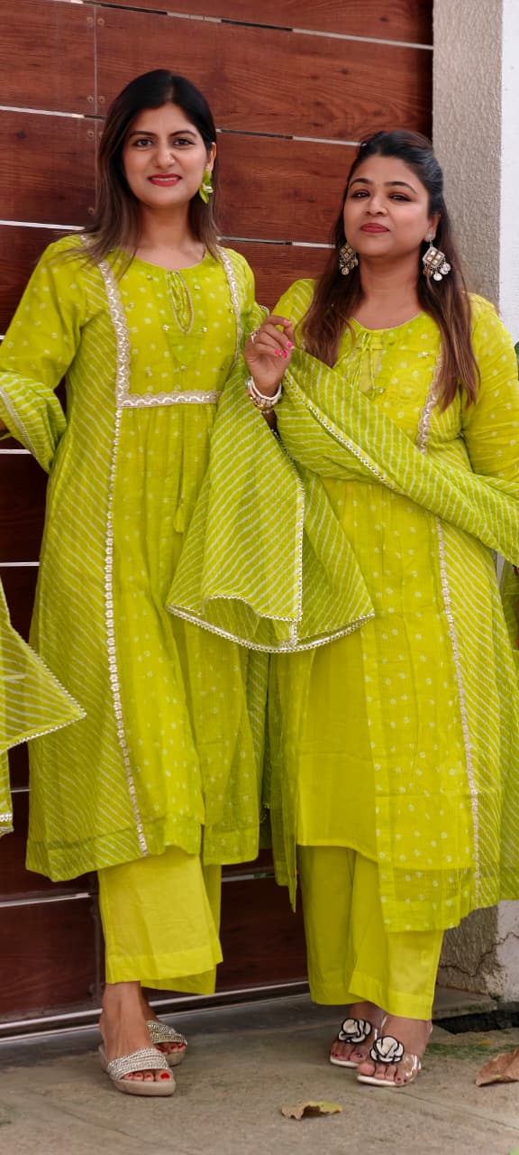 Parrot Inspired Shade Shimmer Border Highlights Leher Panel Checks Kora Cotton A-line Full Suit Set With Dupatta- 15986