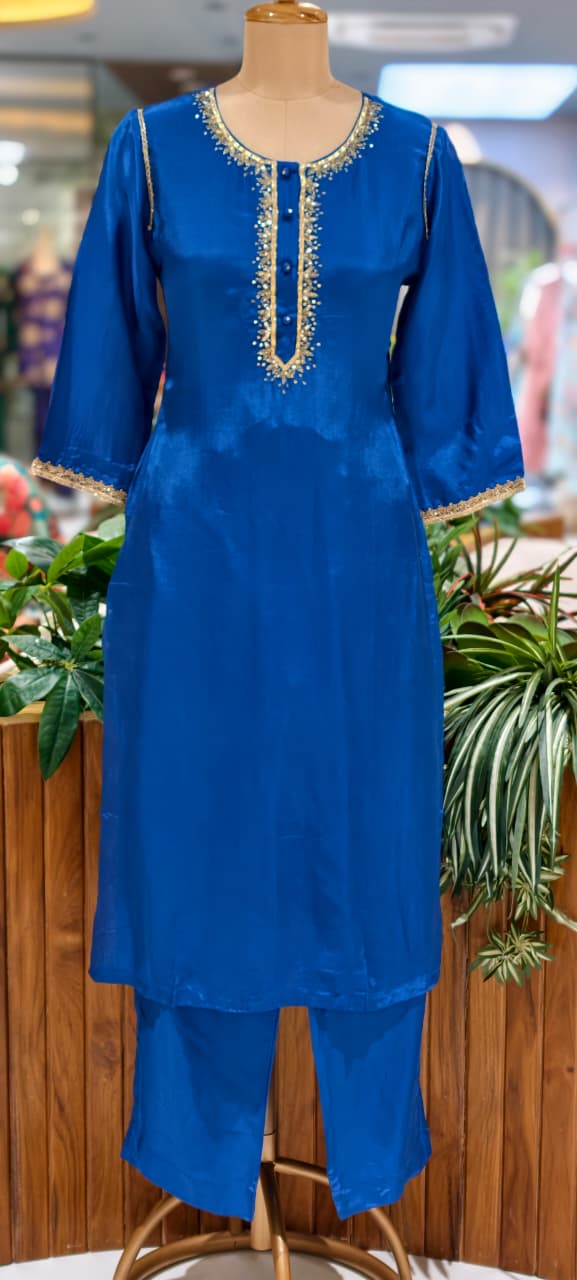 Royal Blue Gotta Patti Golden Sequin Embroidery Outlined Modal Satin Kurta Pant Set- 15987