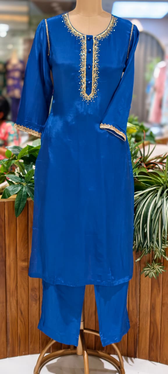 Royal Blue Gotta Patti Golden Sequin Embroidery Outlined Modal Satin Kurta Pant Set- 15987