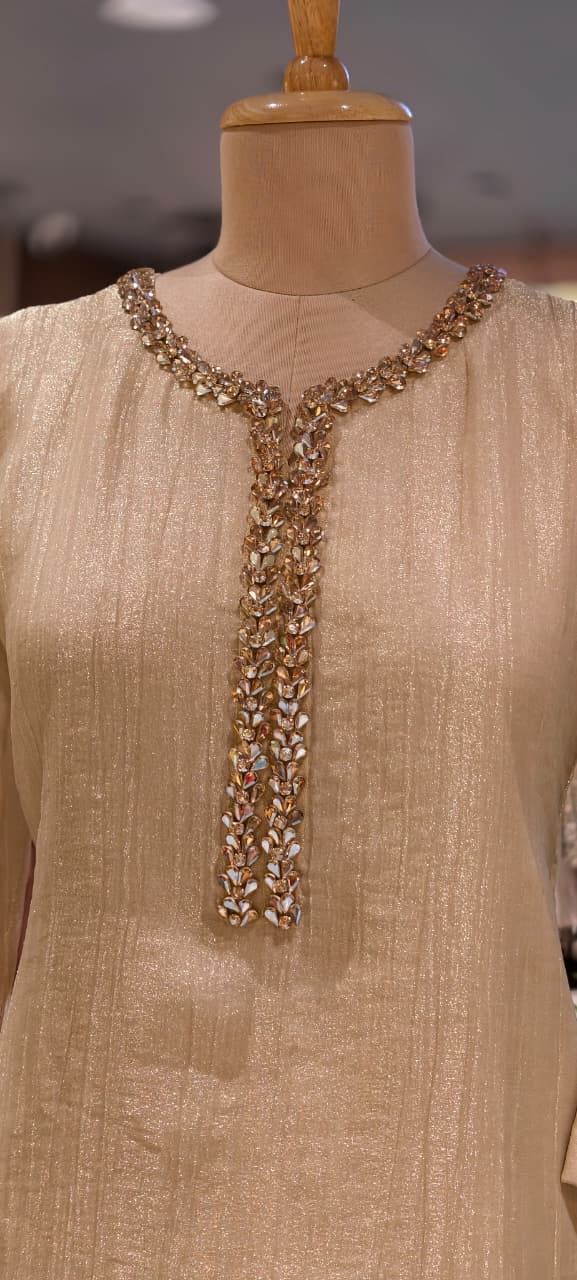 Elegant Crystal Stones Neckline Premium Co-Ord Set With Loose Palazzo Bottom In Salsa Fabric- 15290 (Lean Fit)