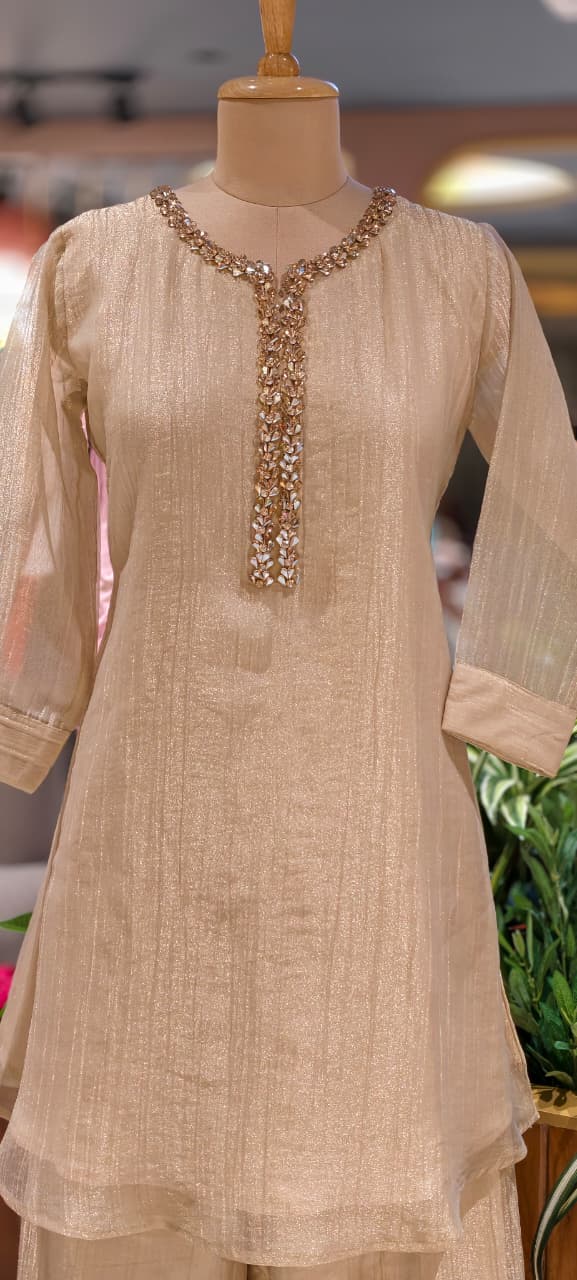 Elegant Crystal Stones Neckline Premium Co-Ord Set With Loose Palazzo Bottom In Salsa Fabric- 15290 (Lean Fit)