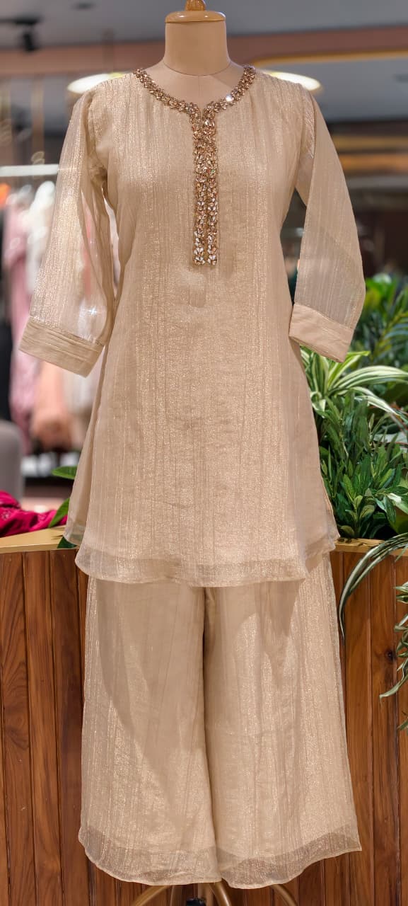 Elegant Crystal Stones Neckline Premium Co-Ord Set With Loose Palazzo Bottom In Salsa Fabric- 15290 (Lean Fit)