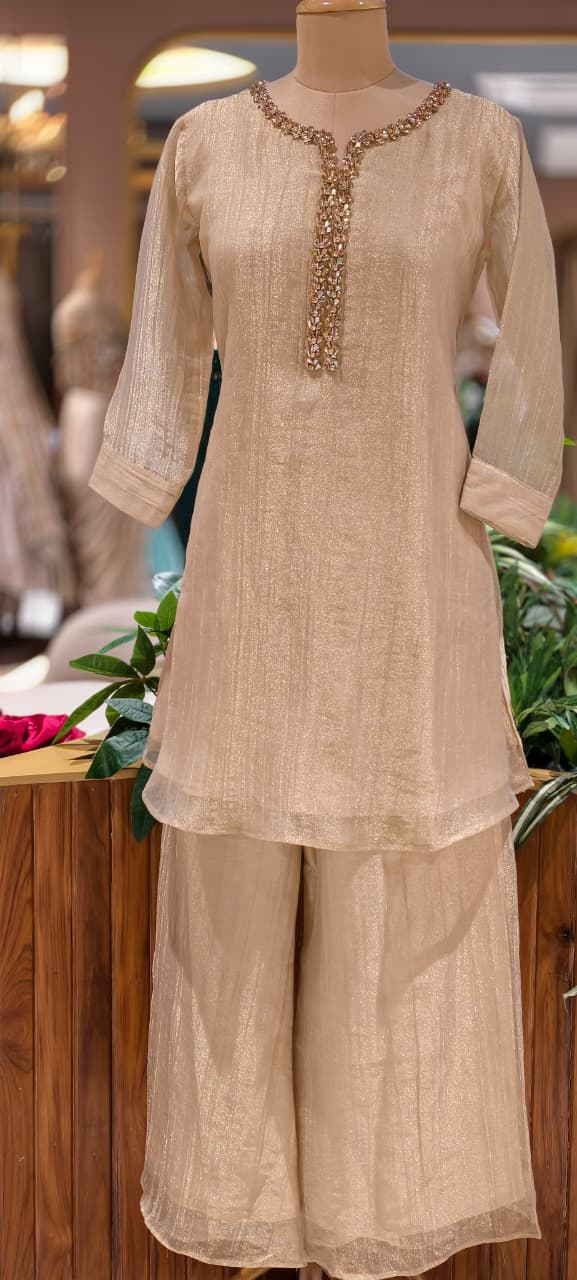 Elegant Crystal Stones Neckline Premium Co-Ord Set With Loose Palazzo Bottom In Salsa Fabric- 15290 (Lean Fit)
