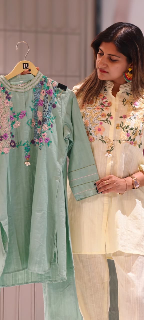 3D Sequin Floral Embroidered Yoke Mandarin Collar Matching Co-Ord Set- 15210