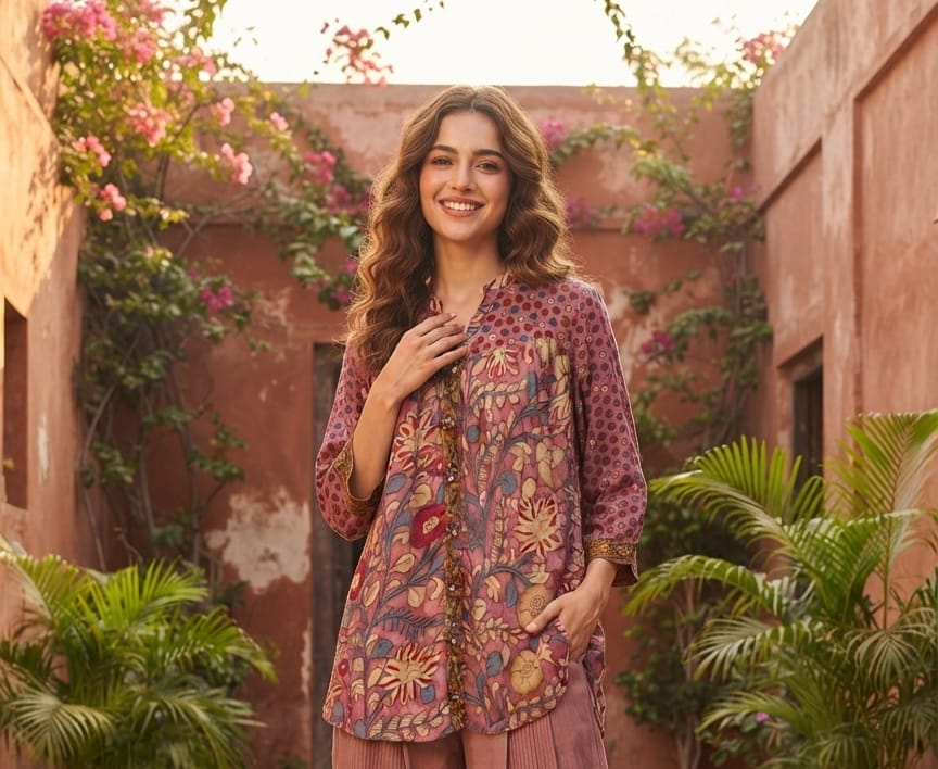 Kalamkari Tree-Of-Life Block-Printed Floral Motif Dusty Shade Muslin Kurti Only- 16023