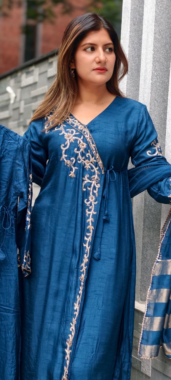 Royal Navy Blue Hand-Embroidered Branch Tail Angrakha Side Knotted Russian Silk A-Line Full Suit Set With Dupatta- 15990