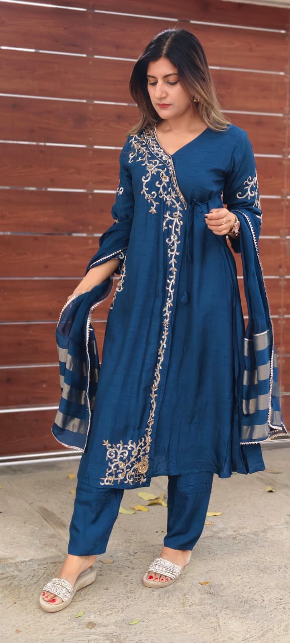 Royal Navy Blue Hand-Embroidered Branch Tail Angrakha Side Knotted Russian Silk A-Line Full Suit Set With Dupatta- 15990