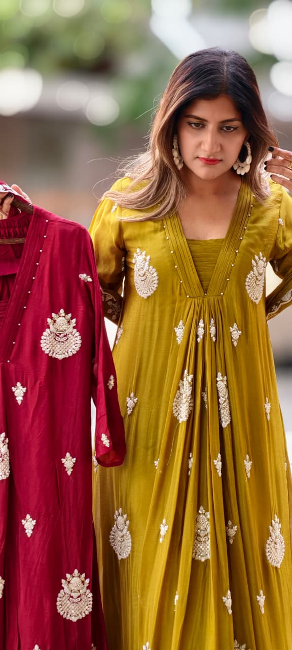 Premium Chinon Very Elegant Tiny Cut-Dana Embroidered Flowy Anarkali Full Suit Set With Dupatta- 15239
