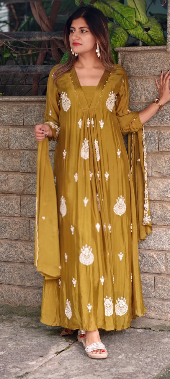 Premium Chinon Very Elegant Tiny Cut-Dana Embroidered Flowy Anarkali Full Suit Set With Dupatta- 15239