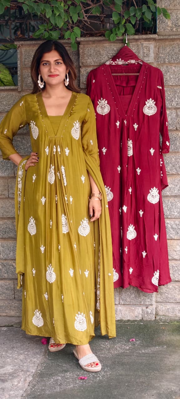 Premium Chinon Very Elegant Tiny Cut-Dana Embroidered Flowy Anarkali Full Suit Set With Dupatta- 15239