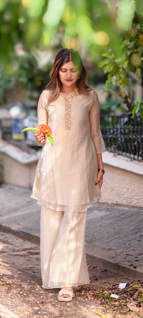 Elegant Crystal Stones Neckline Premium Co-Ord Set With Loose Palazzo Bottom In Salsa Fabric- 15290 (Lean Fit)