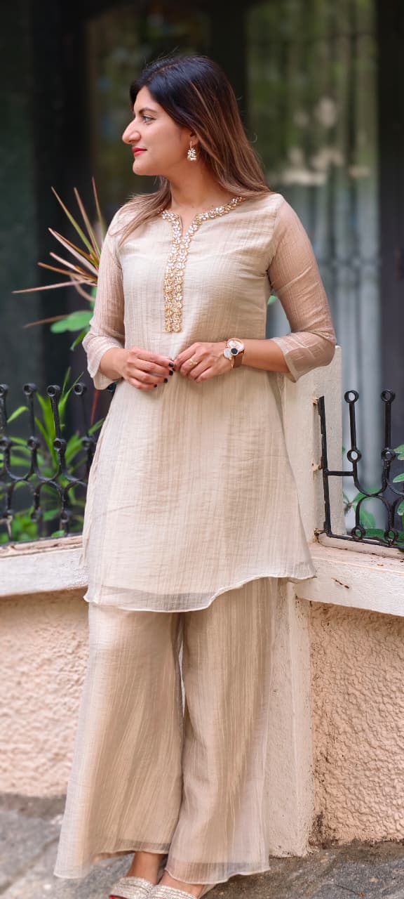 Elegant Crystal Stones Neckline Premium Co-Ord Set With Loose Palazzo Bottom In Salsa Fabric- 15290 (Lean Fit)