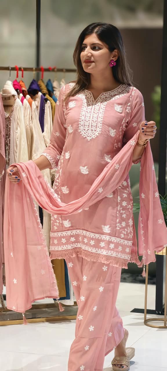Floral Intricate Thread Embroidered Premium Surat Mul-Chanderi Straight Full Suit Set With Dupatta- 15893
