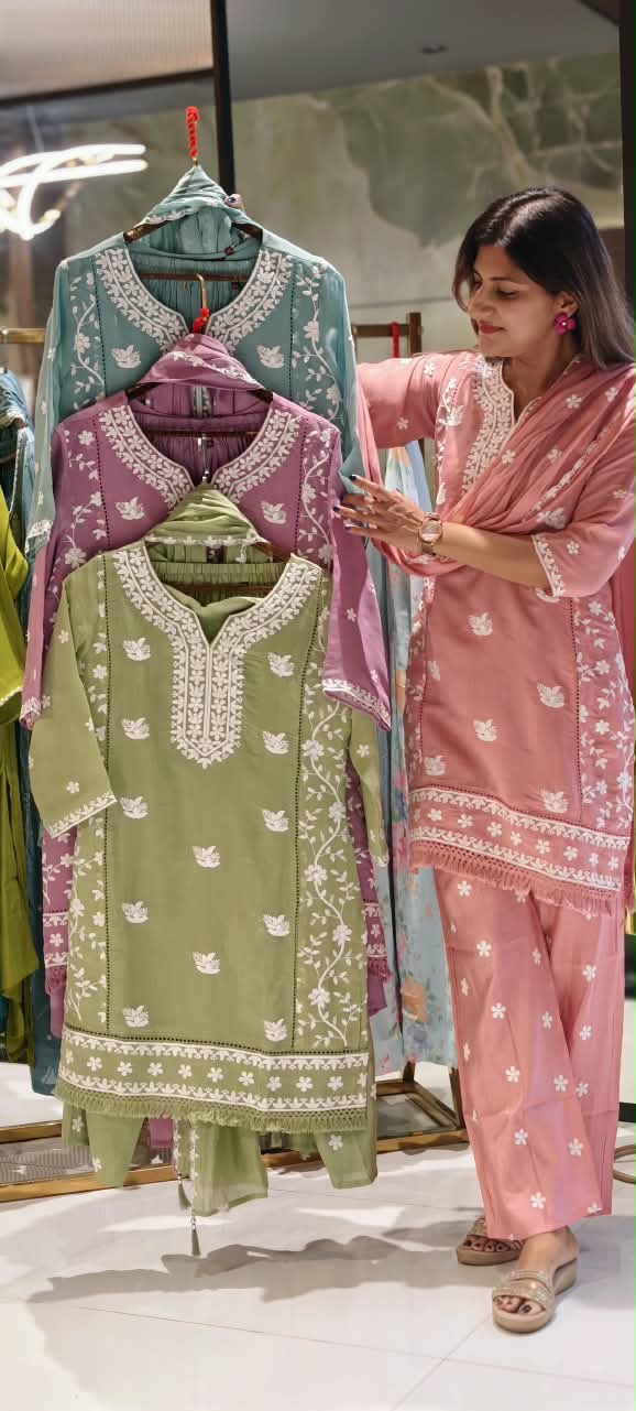 Floral Intricate Thread Embroidered Premium Surat Mul-Chanderi Straight Full Suit Set With Dupatta- 15893