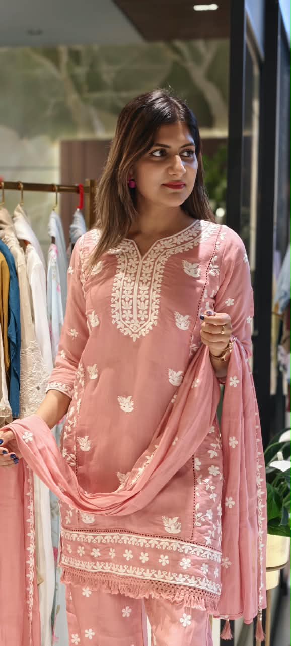 Floral Intricate Thread Embroidered Premium Surat Mul-Chanderi Straight Full Suit Set With Dupatta- 15893