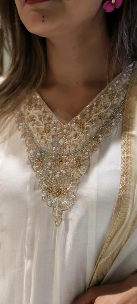Ivory White Handcrafted Embroidered Neckline Golden Highlights Chinon Panel Anarkali Full Suit Set With Dupatta- 15884