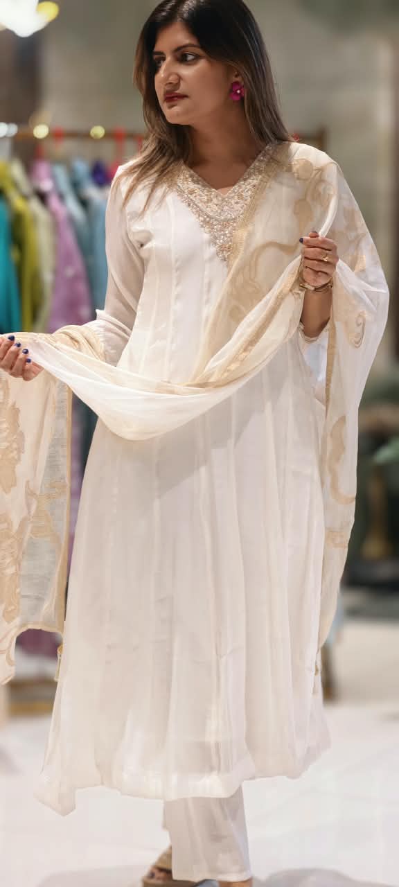 Ivory White Handcrafted Embroidered Neckline Golden Highlights Chinon Panel Anarkali Full Suit Set With Dupatta- 15884