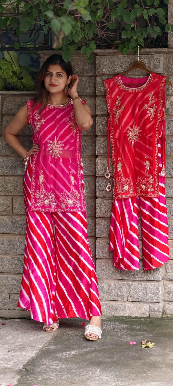 Festive Elegance Vibrant Leheriya Buster With Detechable Outer & Palazzo Bottom- 16069