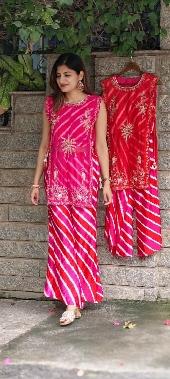 Festive Elegance Vibrant Leheriya Buster With Detechable Outer & Palazzo Bottom- 16069