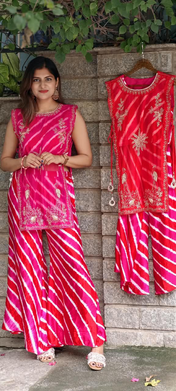 Festive Elegance Vibrant Leheriya Buster With Detechable Outer & Palazzo Bottom- 16069