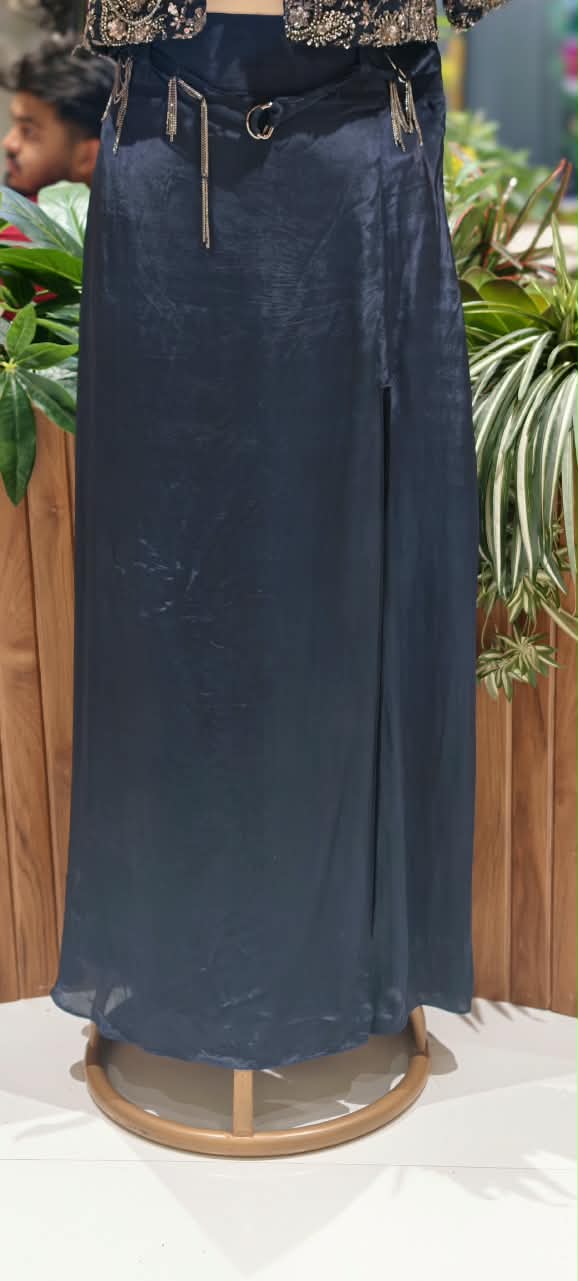 Royal Nightfall Luxe Sequin Embellished Cropped Blouse with Designer Short Jacket & Wide-Leg Palazzo Set-15005