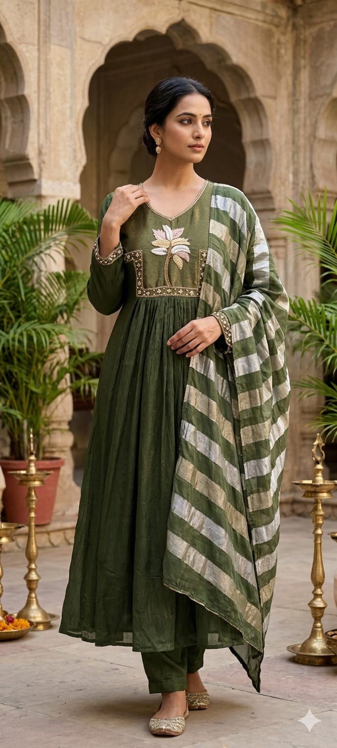 Ghoomar Palm Inspired Embroidered Yoke Chinon Matching Anarkali Full Suit Set With Dupatta- 15235