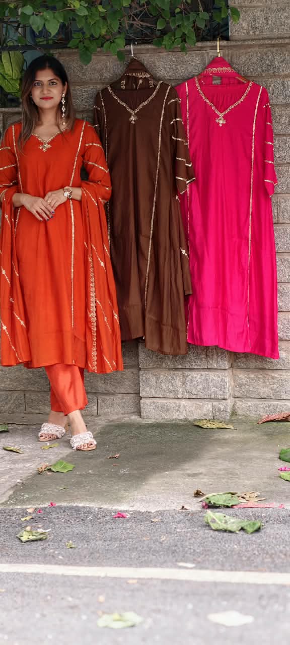 Shiny Cut-Dana With Sequin Linear Plackets Surat Mul-Chanderi A-Line Full Suit Set With Dupatta- 16081