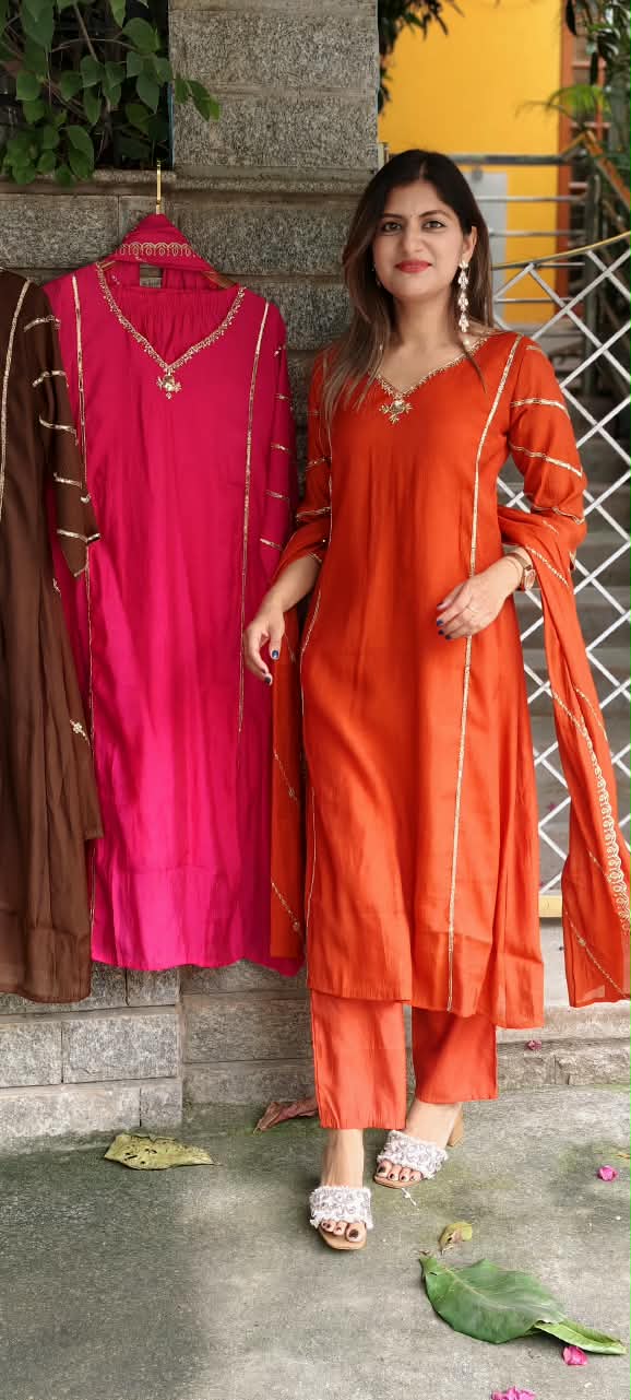 Shiny Cut-Dana With Sequin Linear Plackets Surat Mul-Chanderi A-Line Full Suit Set With Dupatta- 16081
