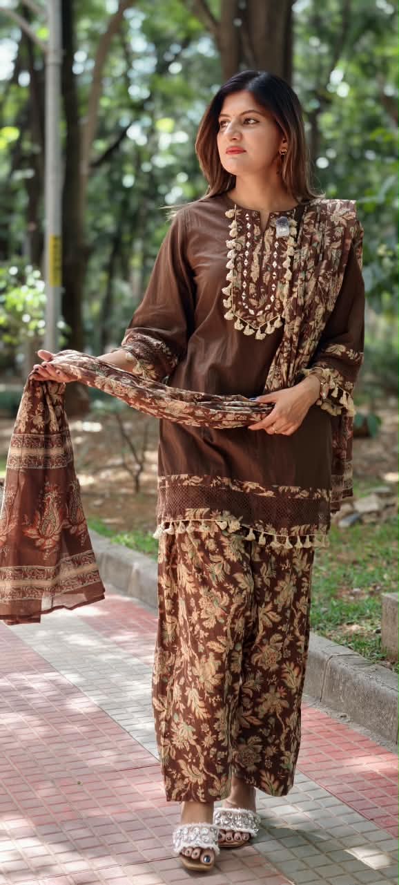 Boho Style Tassel Accent Solid Cotton Kurta With Printed Bottom & Dupatta Full Suit Set- 16018