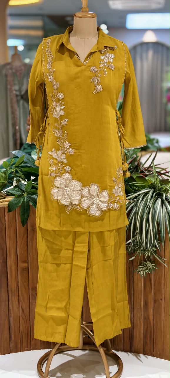 Elegant Embroidery Work Overlay Solid Collared Co-Ord Set In Surat Mul-Chanderi Fabric- 16080