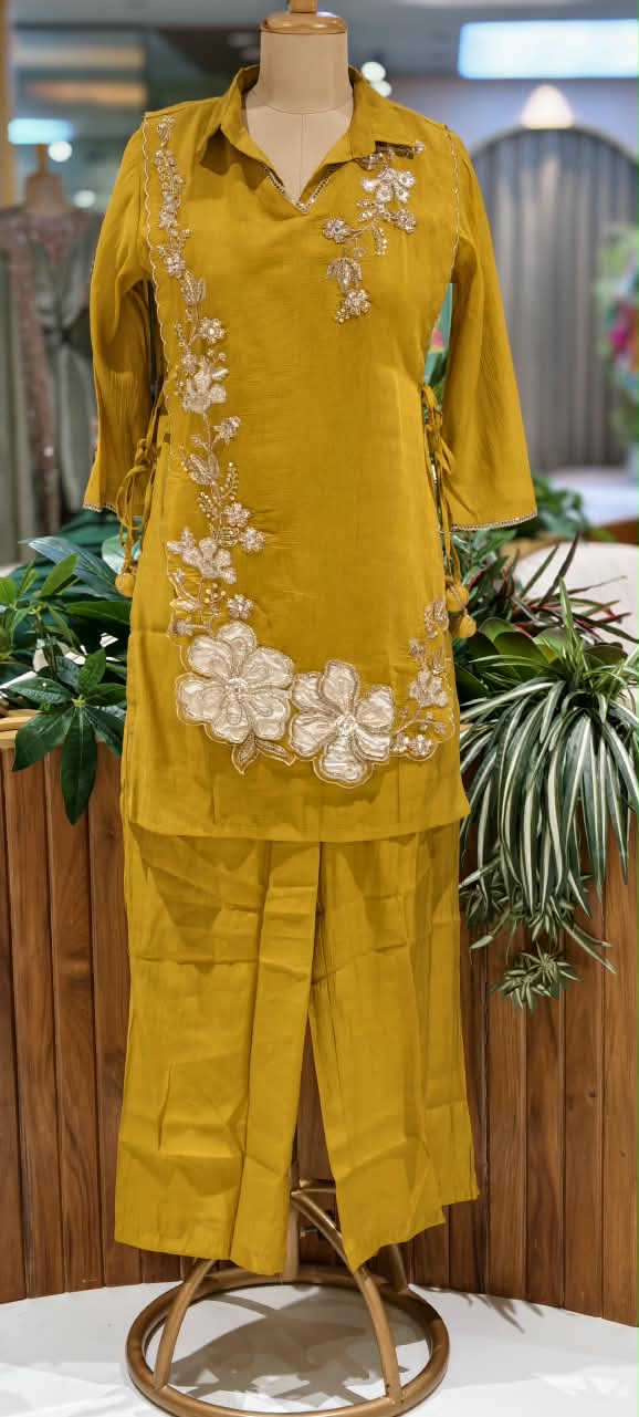 Elegant Embroidery Work Overlay Solid Collared Co-Ord Set In Surat Mul-Chanderi Fabric- 16080