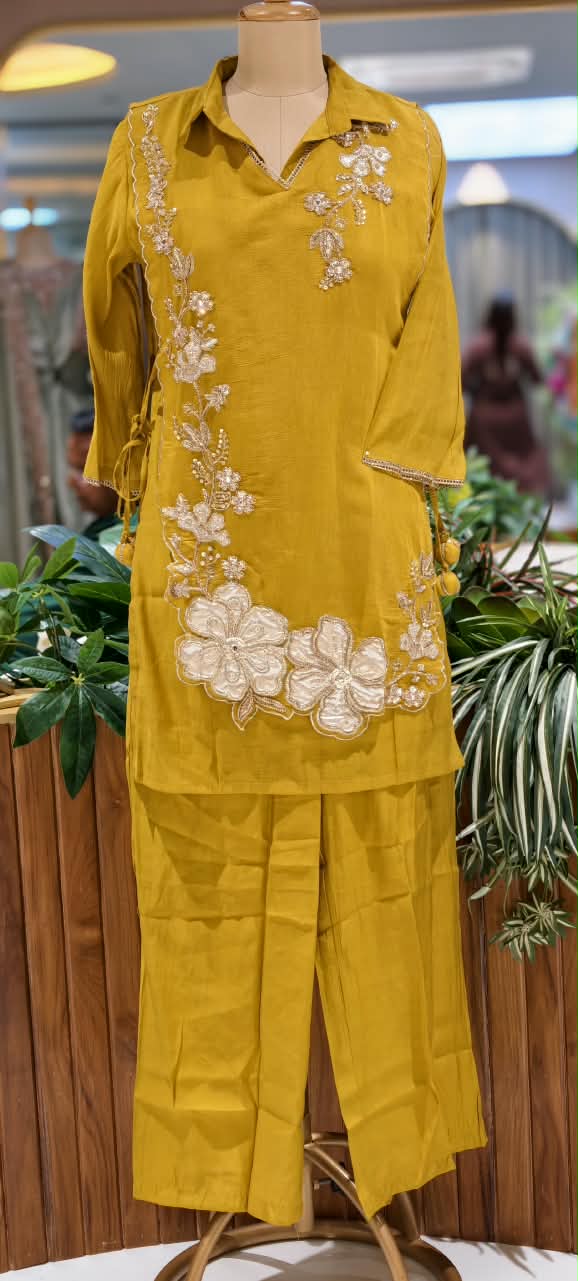 Elegant Embroidery Work Overlay Solid Collared Co-Ord Set In Surat Mul-Chanderi Fabric- 16080