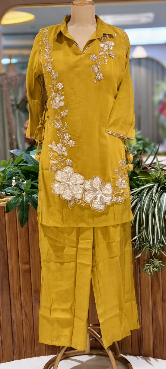 Elegant Embroidery Work Overlay Solid Collared Co-Ord Set In Surat Mul-Chanderi Fabric- 16080