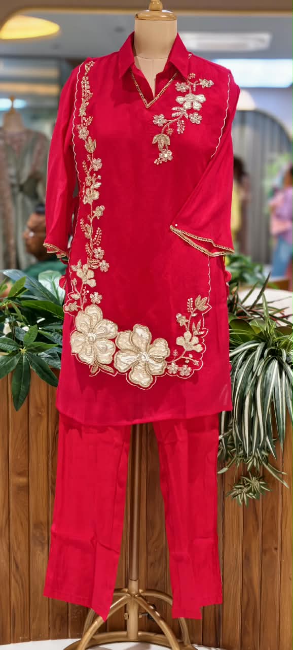 Elegant Embroidery Work Overlay Solid Collared Co-Ord Set In Surat Mul-Chanderi Fabric- 16080