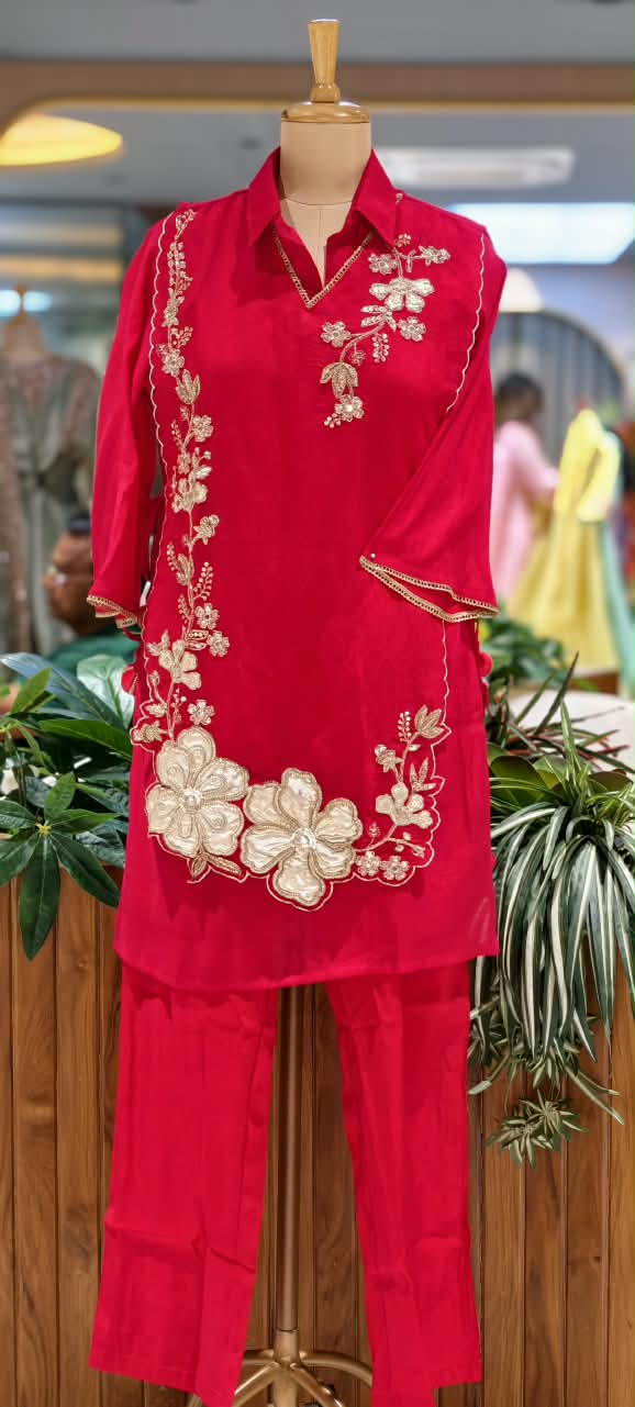Elegant Embroidery Work Overlay Solid Collared Co-Ord Set In Surat Mul-Chanderi Fabric- 16080