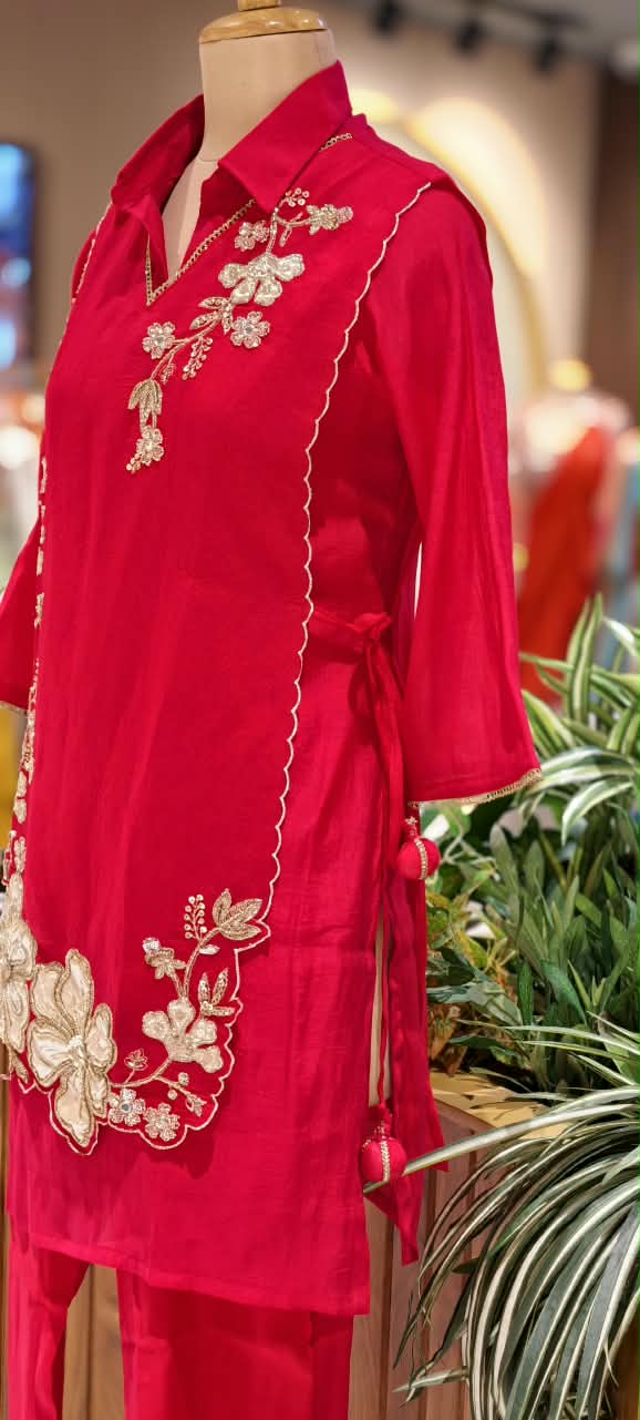 Elegant Embroidery Work Overlay Solid Collared Co-Ord Set In Surat Mul-Chanderi Fabric- 16080