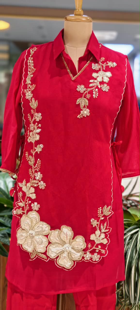 Elegant Embroidery Work Overlay Solid Collared Co-Ord Set In Surat Mul-Chanderi Fabric- 16080