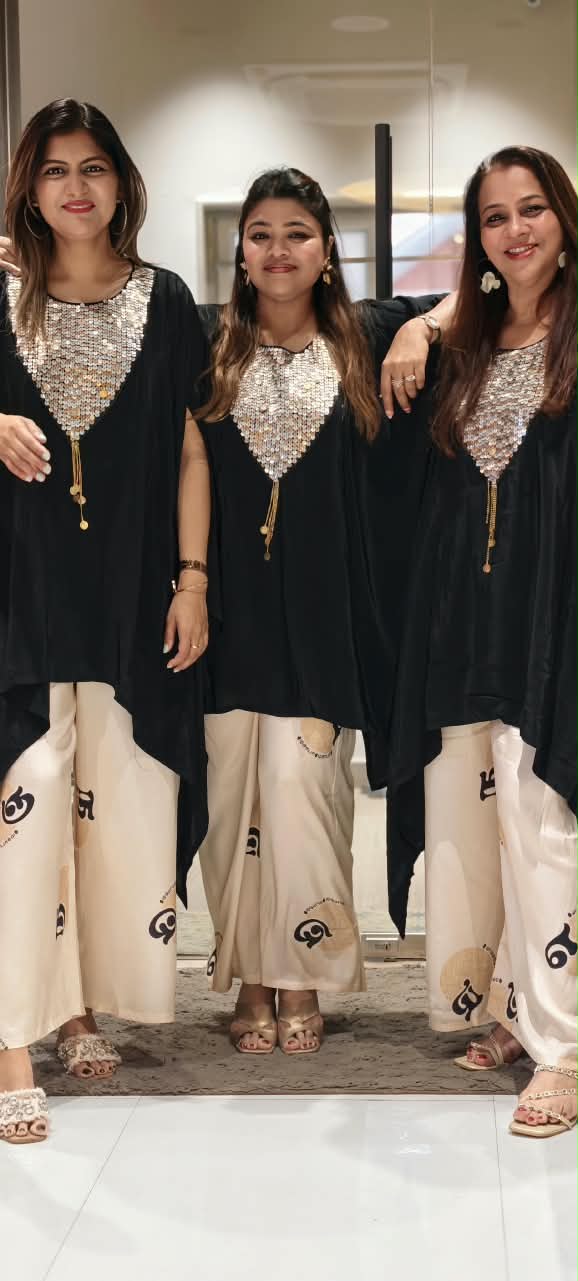 Heavy Shimmery Sequin With Coin Detailing Yoke Latkan Elegance Indo Look Kaftan Style Co-Ord Set- 16041