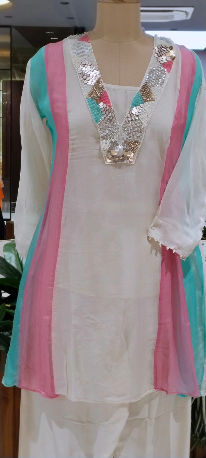Handcrafted Neck Embroidery Royal Pastel Multicolor Panelled Kurta Pant With Inner- 15850