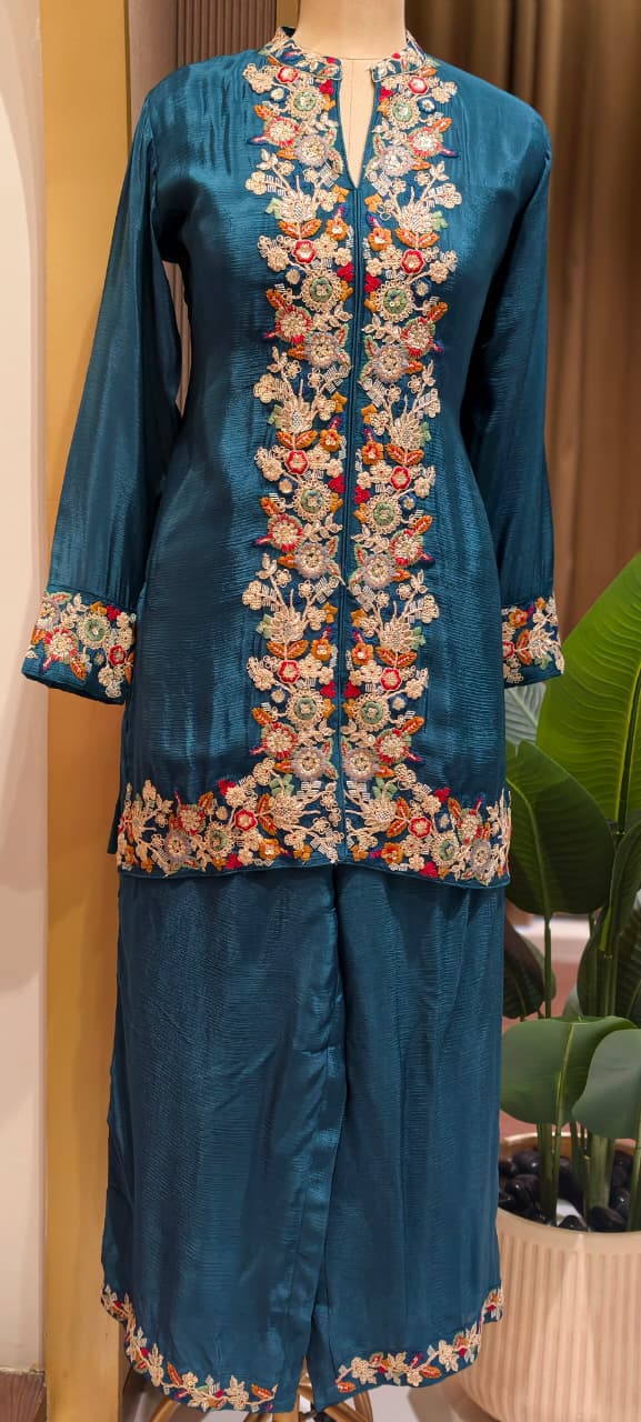 Bhomeian Bold Shade Intricate Embroidery Vibrant Chinon Co-Ord Set- 15243