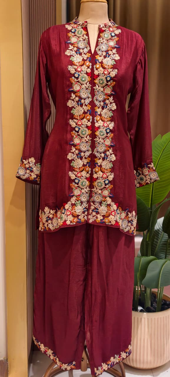 Bhomeian Bold Shade Intricate Embroidery Vibrant Chinon Co-Ord Set- 15243