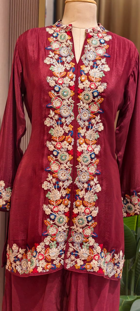 Bhomeian Bold Shade Intricate Embroidery Vibrant Chinon Co-Ord Set- 15243