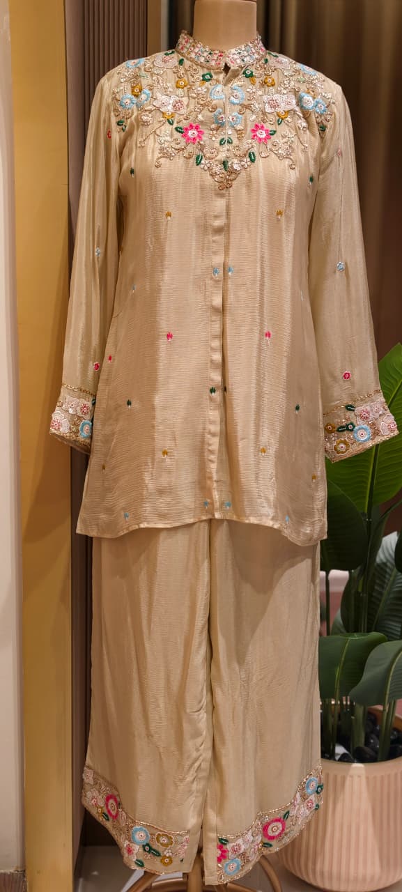 Multicolor Vibrant Floral Intricate Embroidery Light Shade Chinon Co-Ord Set- 15244