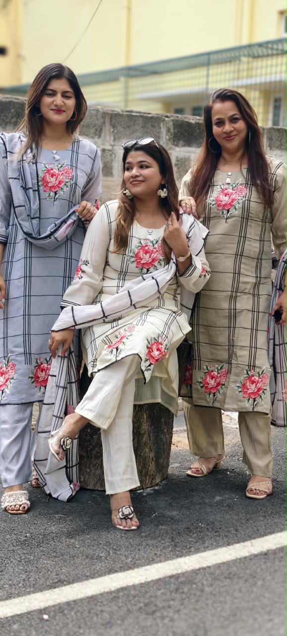 Fine Vibrant Floral Embroidery Checks Surat Mul-Chanderi Straight Full Suit Set With Dupatta- 16098