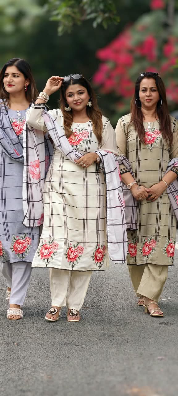 Fine Vibrant Floral Embroidery Checks Surat Mul-Chanderi Straight Full Suit Set With Dupatta- 16098