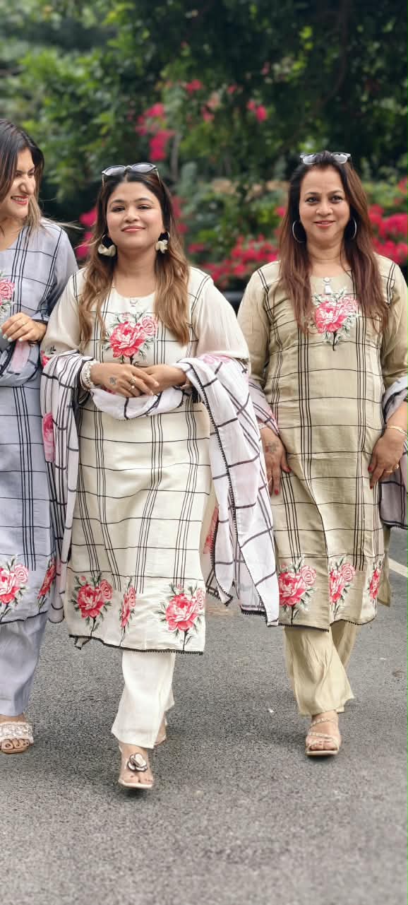 Fine Vibrant Floral Embroidery Checks Surat Mul-Chanderi Straight Full Suit Set With Dupatta- 16098