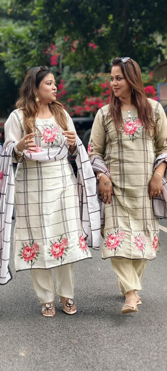 Fine Vibrant Floral Embroidery Checks Surat Mul-Chanderi Straight Full Suit Set With Dupatta- 16098